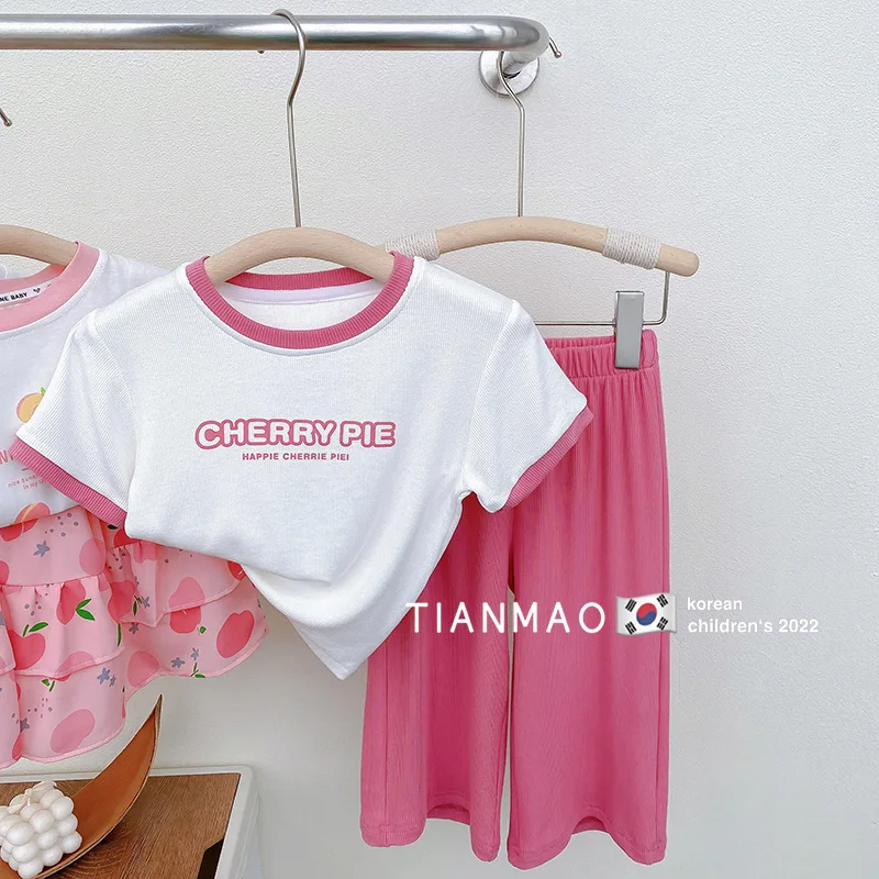 

Fashion Summer 2-7 Years Children Girl Cotton Pink Clothes Set Short Sleeve T-Shirt + Ice Silk Wide-leg Pants