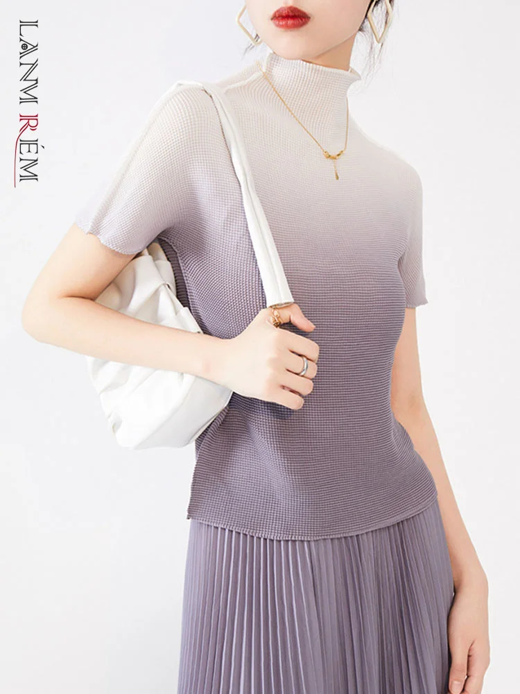 

LANMREM Women Pleated Gradient Half Turtleneck T-shirt Slim Fit Short Sleeve Skinny 2023 Summer Female Fashion Clothing 2I749