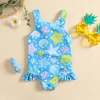 Girl Long Summer Toddler Girls Ruffles Cartoon Prints 1 Piece Swimwear Beach Swimsuit Bikini Girls 3 Piece Bikini Set 1