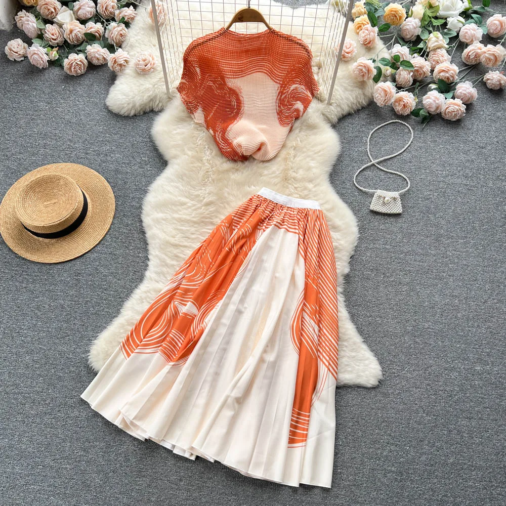 

Spring Summer Runway Fashion Pleated Floral Print Two Piece Set Women Short Sleeve Stretch Tshirt Top+Long Skirt Suit Outfits