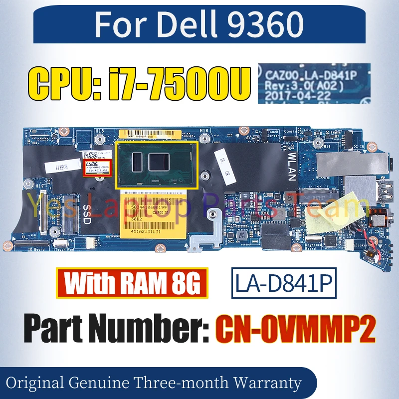 

Материнская плата для ноутбука Dell 9360, модель 100%, системная плата для ноутбука с оперативной памятью 8 ГБ, протестированная материнская плата для ноутбука дюйма