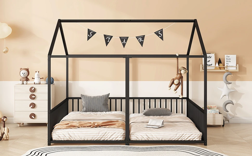 Metallbett, Kinderbett, 90*200cm, ohne Matratze, Geländer, Leiter, hausförmiges Design, Doppelbett, Eisenrahmen, schwarz – Detail 18