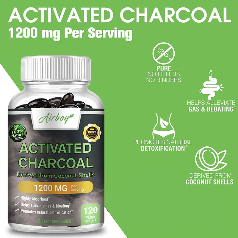 Activated Charcoal Capsules Used To Relieve Bloating and Detoxify The Body Promoting Intestinal Health