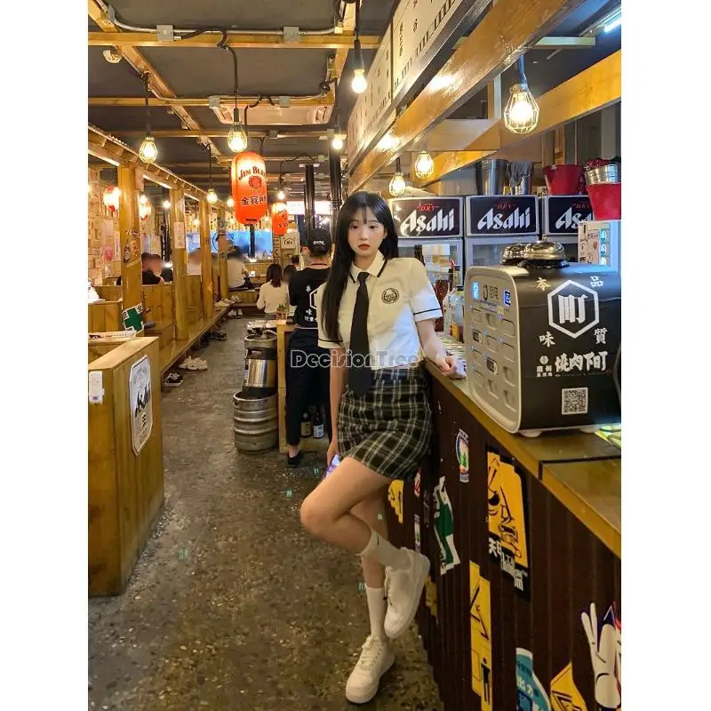 japanese and korean style college style school costume suit high waist hip wrap skirt girl jk uniform daily two-piece set