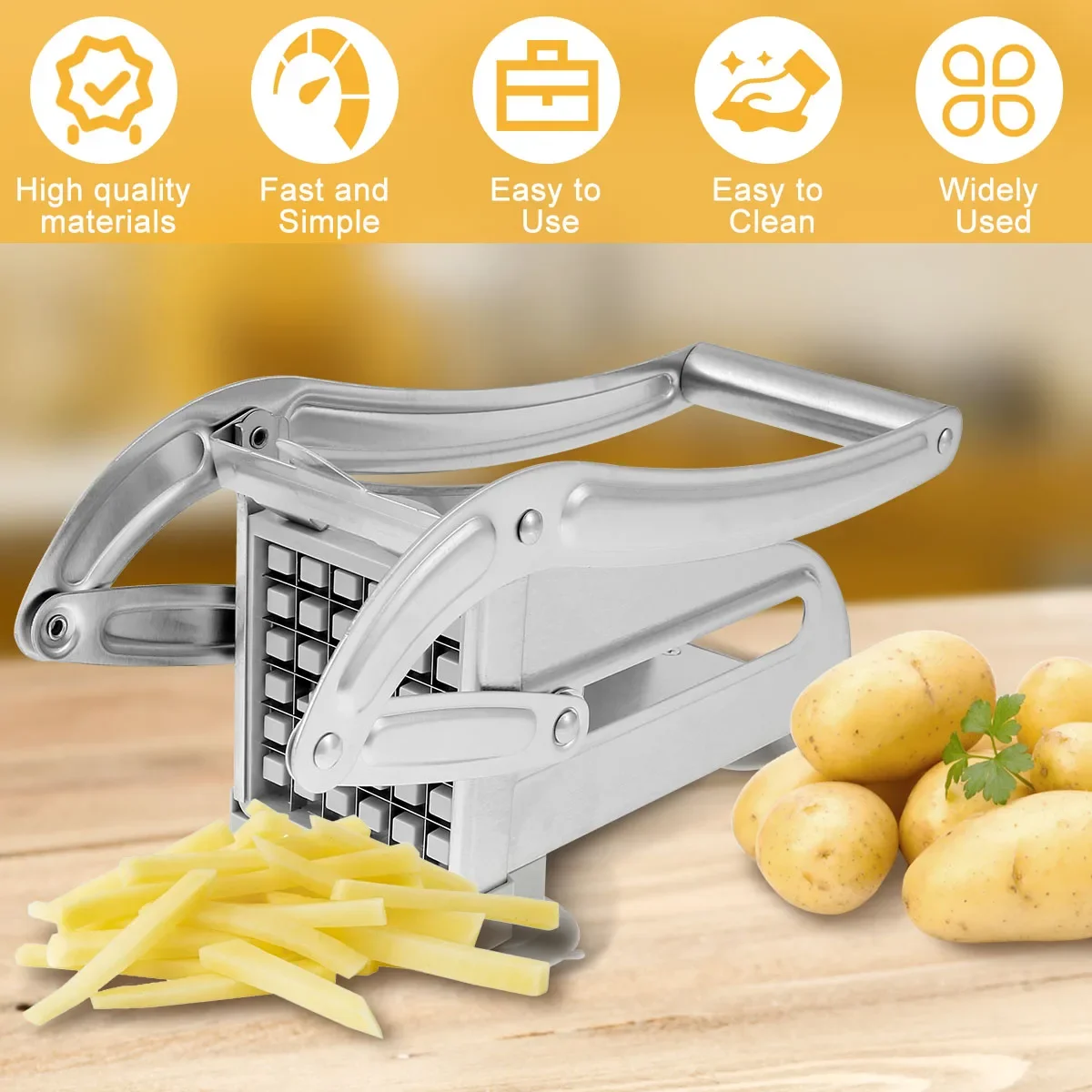 Description Picture 3 of itemFrench Fry Cutter Stainless Steel Potato Chipper Fast Cutting Potato Chip Cutter with 36/46 Holes Blades Manual Food Slicer
