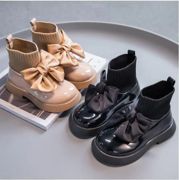 

Girls Black Non-slip Kids Fashion Bow Elegant 2022 Glossy UK Uniform Child School Shoes Simple Casual 2023 Sock Boots Breathable