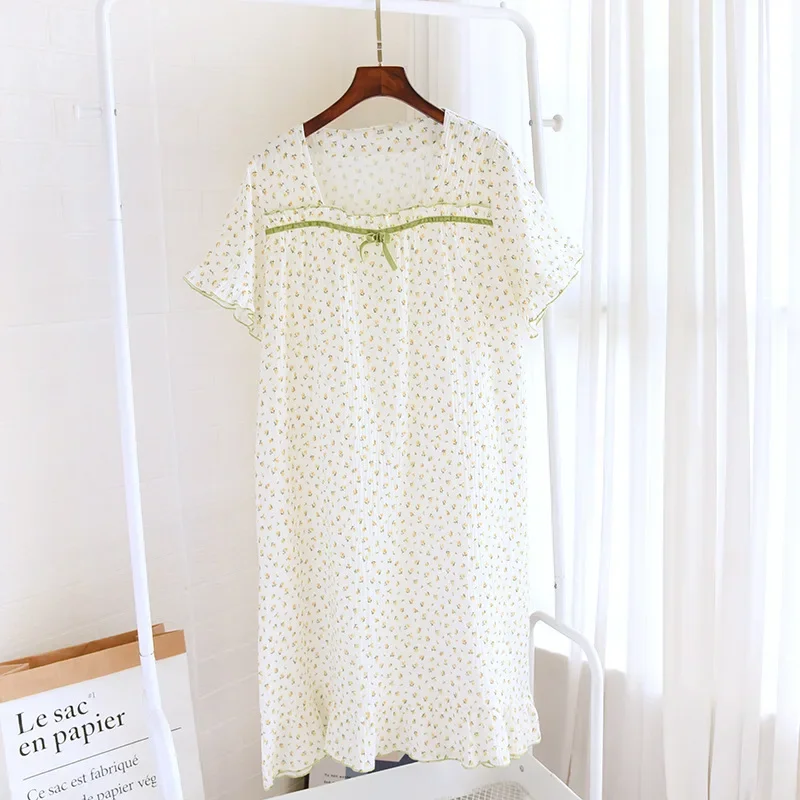 

Spring summer new pajamas women's cotton crepe thin nightdress double-layer gauze short-sleeved square collar loose home wear