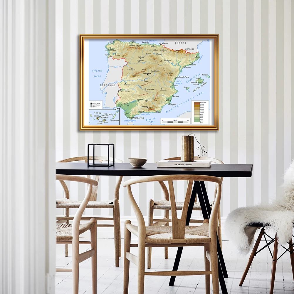 

90*60cm The Spain Terrain Map Spray Canvas Painting Wall Art Poster Children School Supplies Living Room Home Decoration