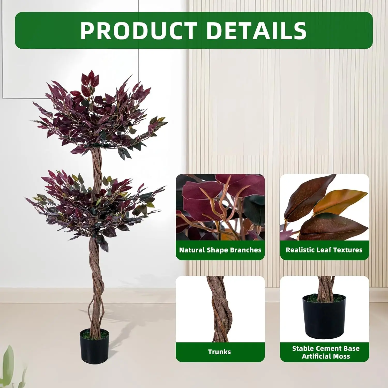 2 Stück Künstlicher Ficus-Baum Großer Künstlicher Banyanbaum mit Echtem Holzstamm & Naturgetreuen Blättern Künstliche Seidenpflanzen für Heim- und Bürodekoration – Detail 3