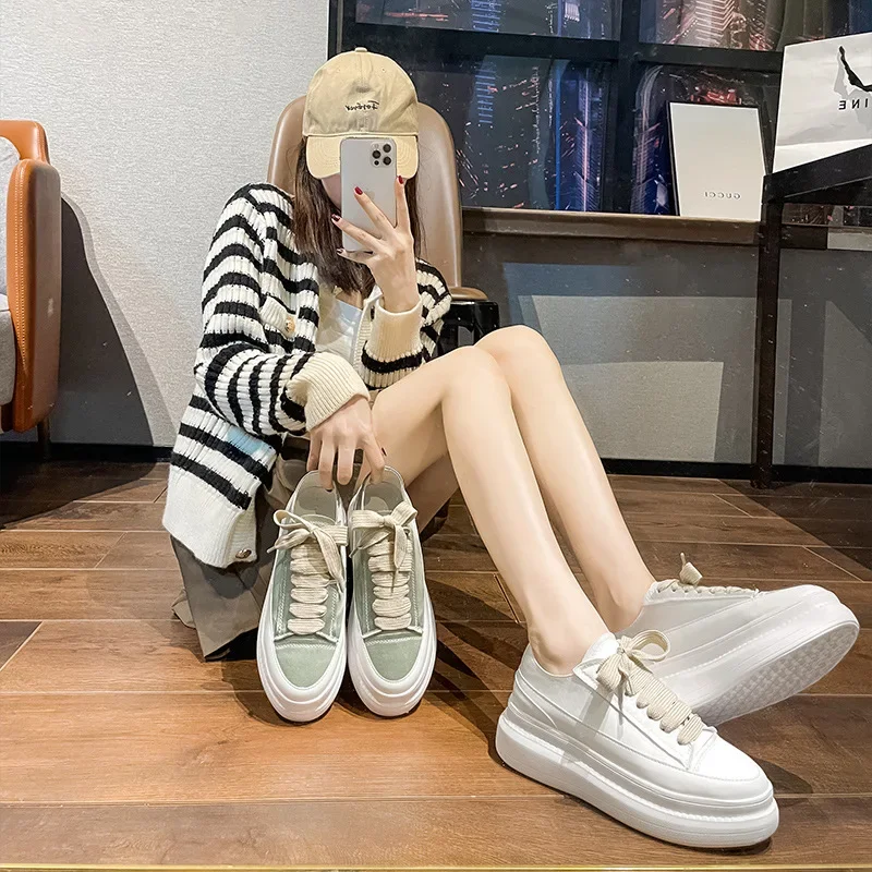 Silk Thick Soled Small White Shoes for Women 2024 Summer Thin Lace-up Increase Spanish Small Canvas Shoes Platform Single Shoes