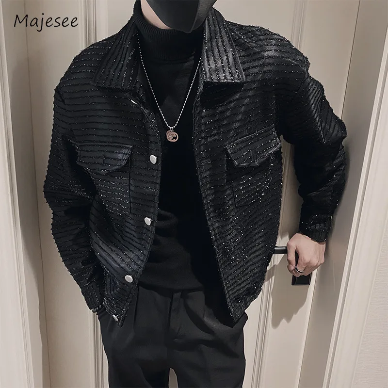 

Solid Jackets Men Spliced Bling Fashion Loose American Style Retro Moto Biker Hipster Windproof Advanced Slouchy Popular