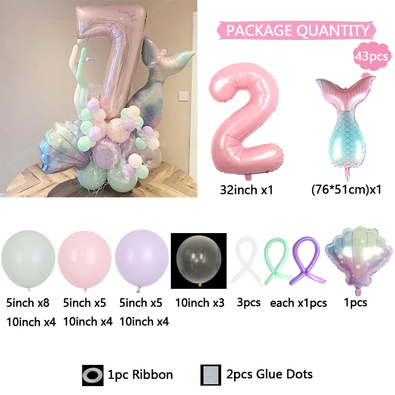 43 Stück/Set Meerjungfrauenschwanz mit bunten Muscheln, digitaler Aluminiumfolienballon 1–9, geeignet für Geburtstagsfeiern, Jubiläumsabschluss – Detail 3