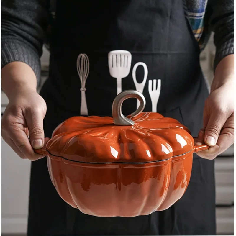 Nordic Household Stewing Pot Orange 24cm Soup Pan Creative Pumpkin Cooking Pots Cast Iron Enamel Utensils For Kitchen