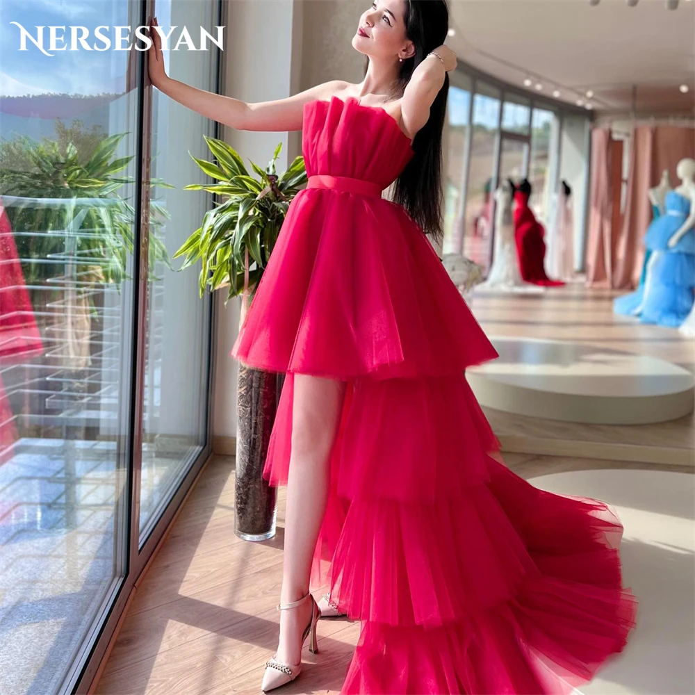 

Nersesyan Red High/Low Formal Prom Dresses Off Shoulder A-Line Ruched Evening Dress Backless Tiered Ruffles Pageant Party Gowns