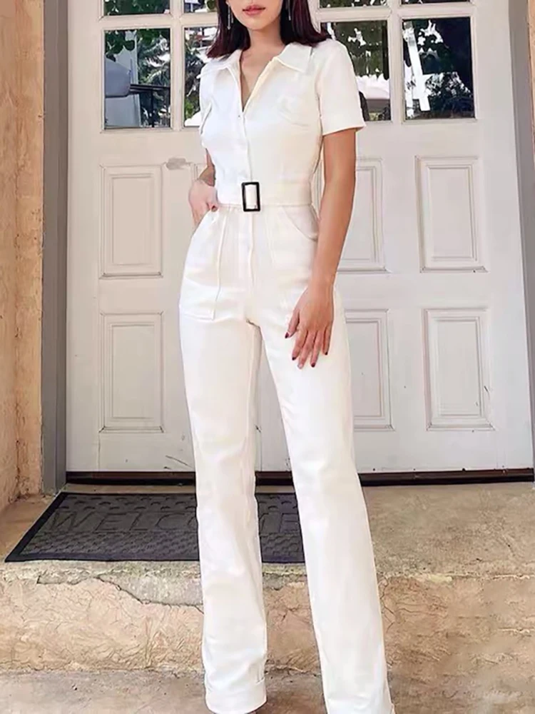 

DEAT Women's Fashion Evening Jumpsuits Lapel Short Sleeve Belt Waist Elegant Office Lady Playsuits Summer 2023 New 13DB3543