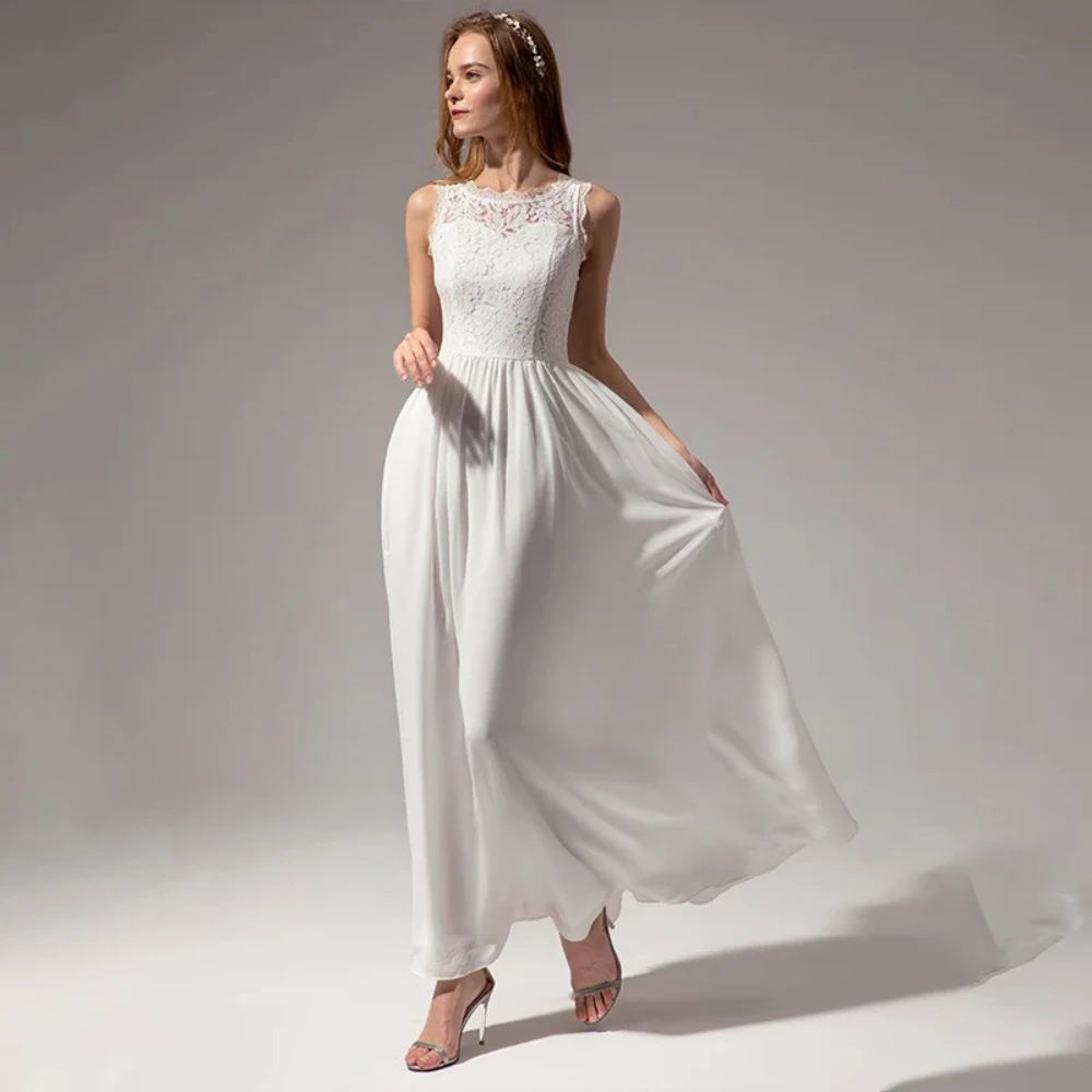 

Elegant White Simple Evening Dress O-Neck Sleeveless A-Line Party Prom Gowns Vintage Appliques Zipper Vestidos De Fiesta D10293