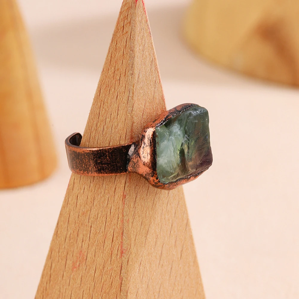 Natural Green Fluorite Raw Stone Vintage Adjustable Ring Antique Copper Electroplating Boho Unique Jewelry Women's Party Gifts 2