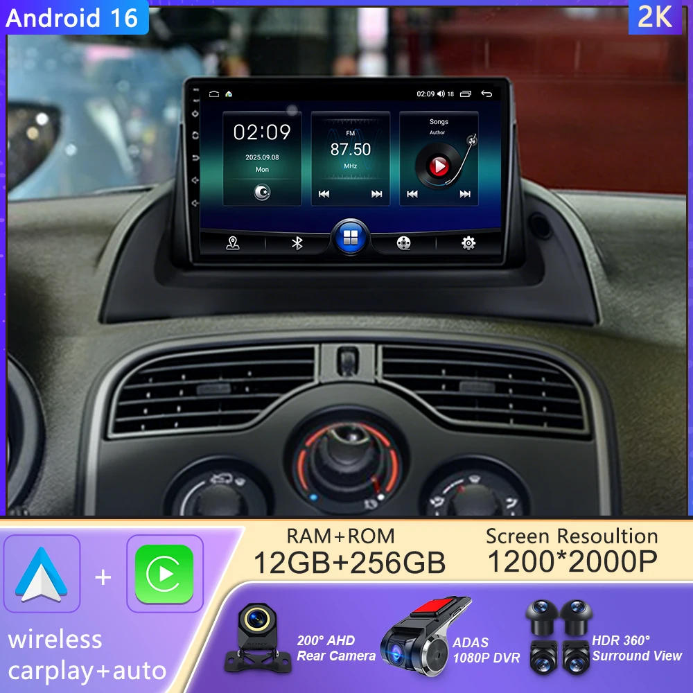 Reproductor Multimedia para Automóvil Android 16 para Renault Kangoo 2008-2018, Unidad Principal para Automóvil con Carplay, Radio, Video, Estéreo, Navegación GPS, 2din, 4G 1