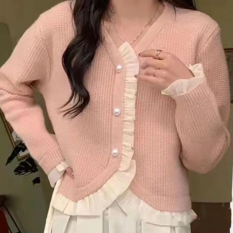 

Knitted Cardigan Women's Sweater Small Fragrance Jacket Spring Fall 2023 New Lace Stitching V-neck Long-sleeved Top Knitwear