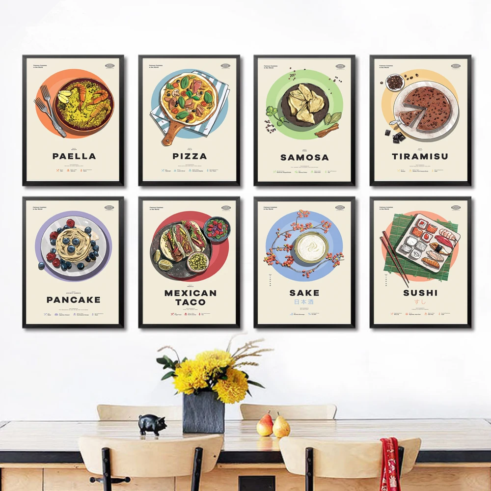World Cuisine Poster Aesthetics Pizza Ramen Food Wall Art Mural Kawaii Room Decor Home Kitchen