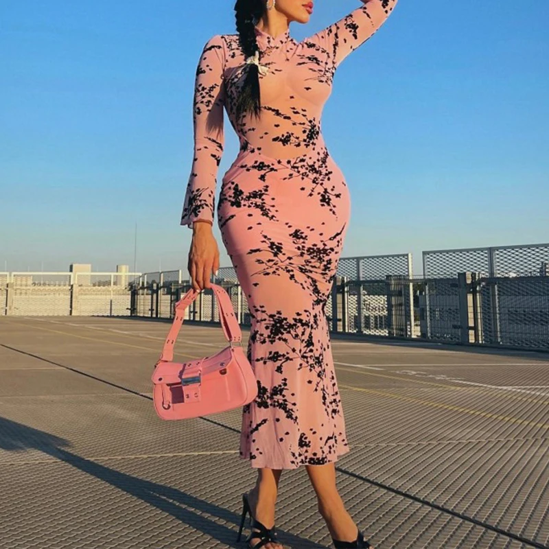 

BKLD 2024 Spring Summer Mesh Sheer Aesthetic Printed Chinese Style Long-sleeve Sexy Trend Slim Fit Maxi Dress Evening Party Wear