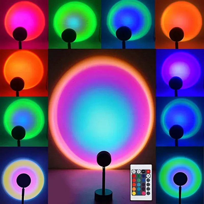 RGB 밝기 조절 180 도 회전 리모컨 USB 플러그인 LED 레인보우 일출 일몰 헤일로 프로젝터 라이트, 16 색
