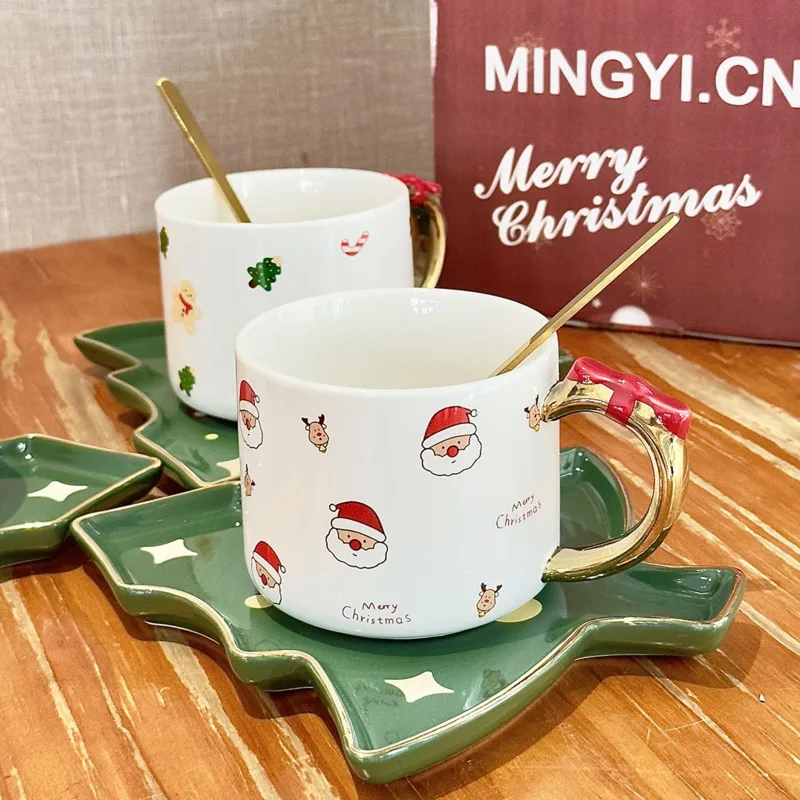 

Cute Santa Claus Coffee Cup Christmas Tree Saucer Set Kawaii Christmas Element Mug Gingerbread Man Snowman Bear Ceramic Cup Gift