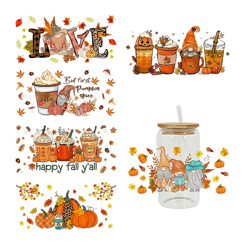 

Наклейки для перевода UV DTF, печать с тыквой для самостоятельной стеклянной керамической металлической кожи, обертывания для чашек ко Дню благодарения, 3D, 16 унций D5756