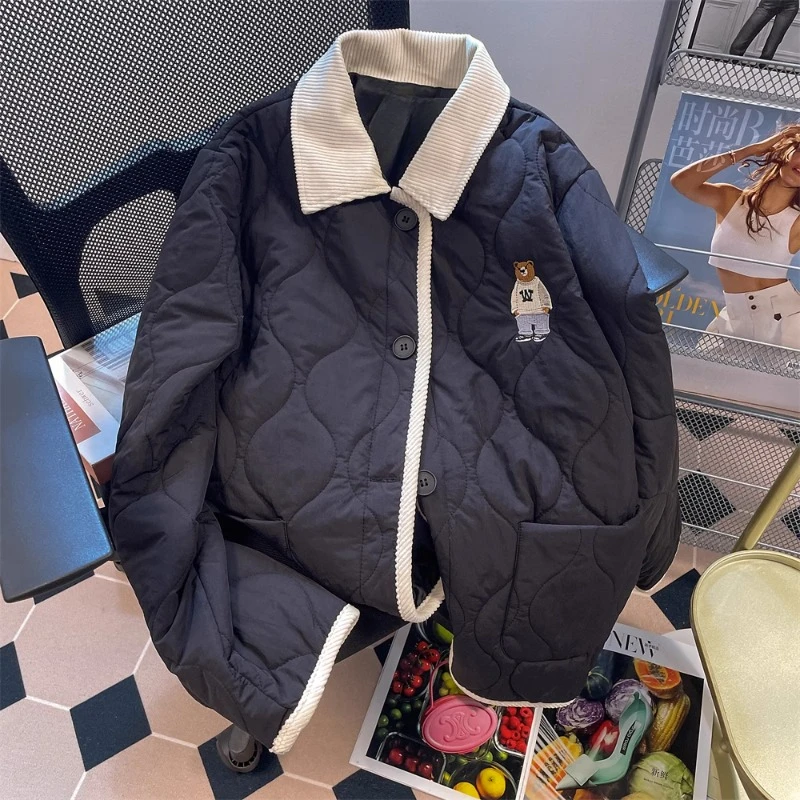 

2023 Autumn Winter Vintage Light Thin Patchwork Lapel Single Breasted Bear Embroidery Jacket for Women Simple Cozy Warm Coats