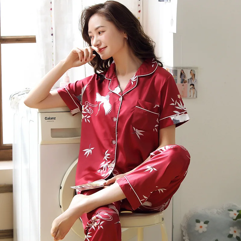Spring Summer Women's Thin Satin Pajamas Flip Collar Short Sleeve Cardigan Pants Oversized Casual Home Clothing Set