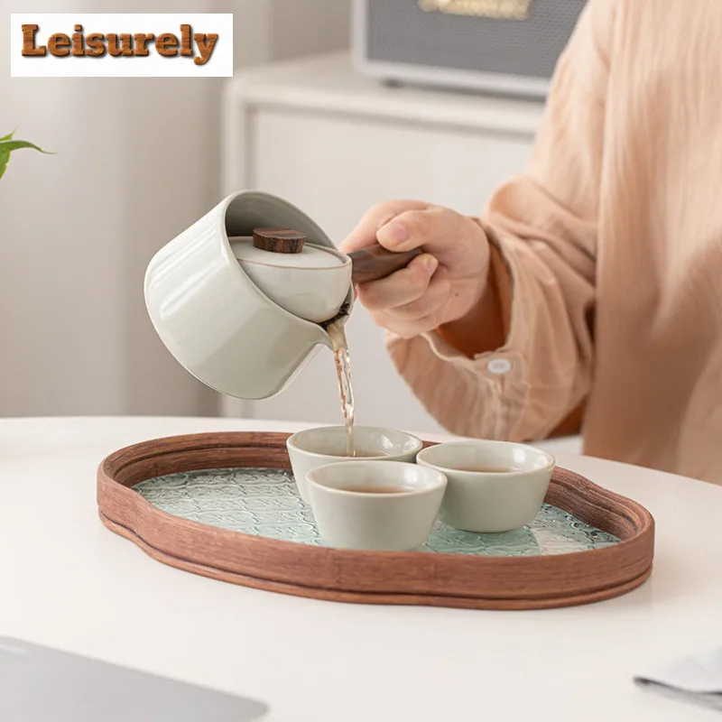 Ru Kiln Leisurely Portable Travel Tea Set Kit 360 Rotation Tea Maker Automatic 1 Pot 3 Cups Camping Picnic Tote Bag Drinkware