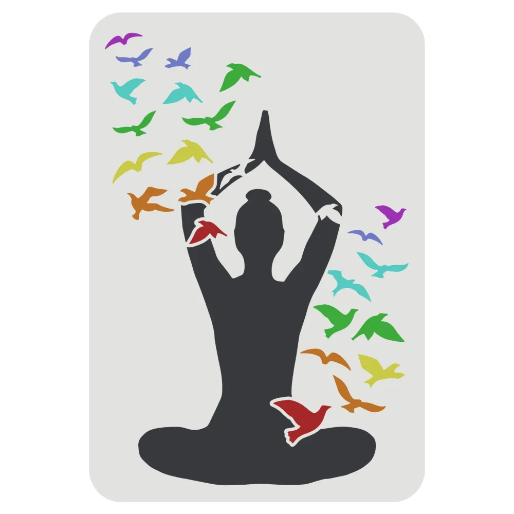 

Yoga Pose Stencil Reusable Drawing Stencil Women Practicing Yoga and Flying Birds Stencil for Painting on Wall Canvas Furniture