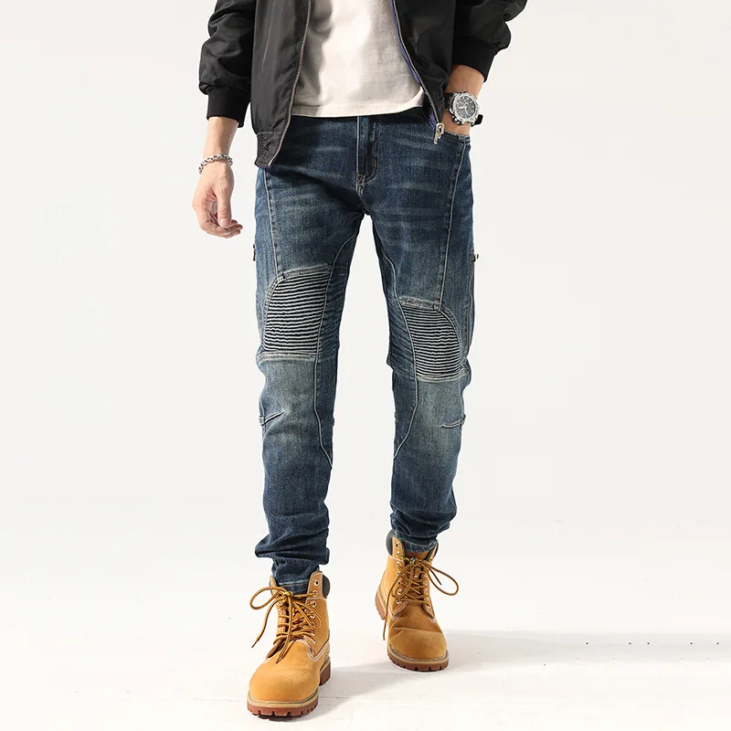 Fashion Designer Men Jeans Retro Blue Stretch Slim Fit Spliced Biker Jeans Homme Streetwear Hip Hop Pants Men Punk Trousers