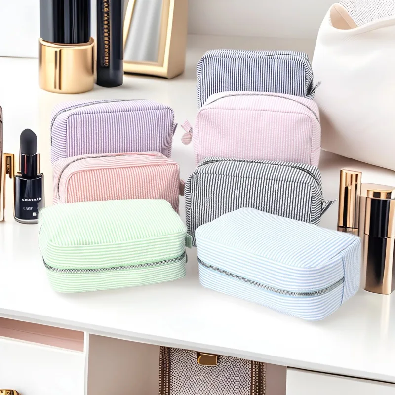 Cotton Seersucker Striped Cosmetic Storage Bag