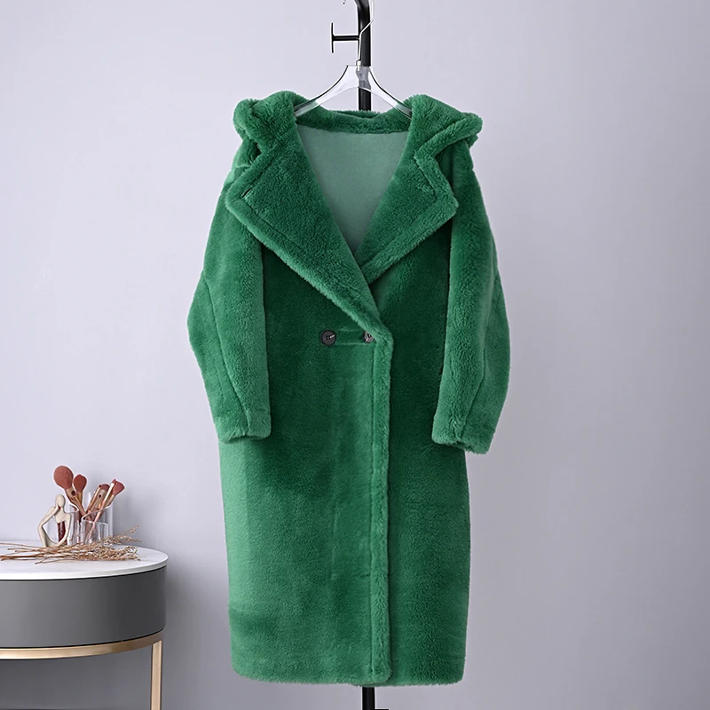 

2023 Women Autumn Winter New Thicken Warm Long Coats Female Genuine Wool Fur Jackets Ladies Sheep Shearing Hooded Outerwear R344