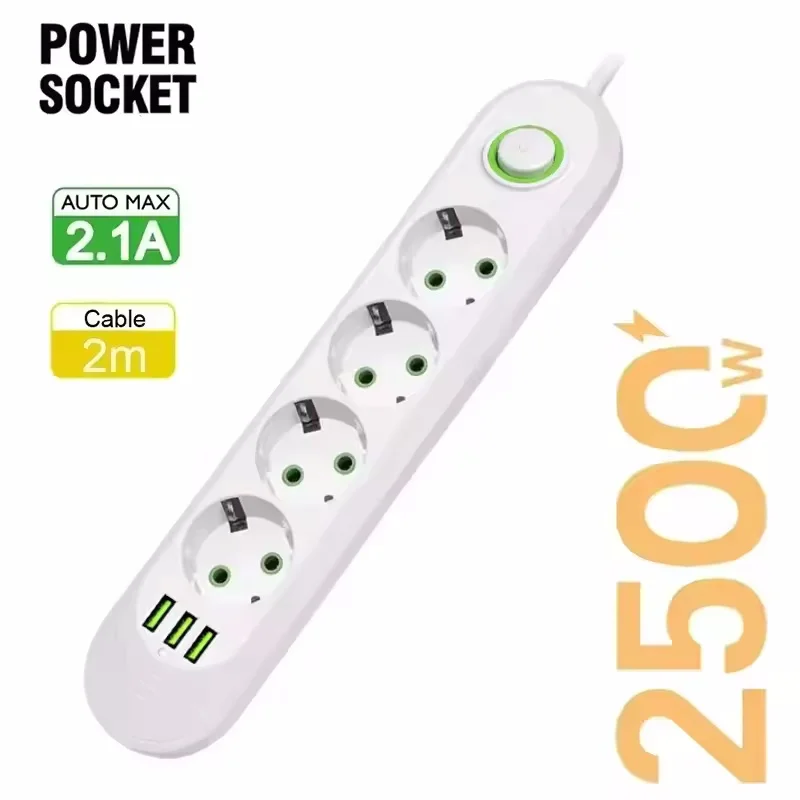 High-Power EU Plug Power Strip with USB Ports & 2m Extension Cord