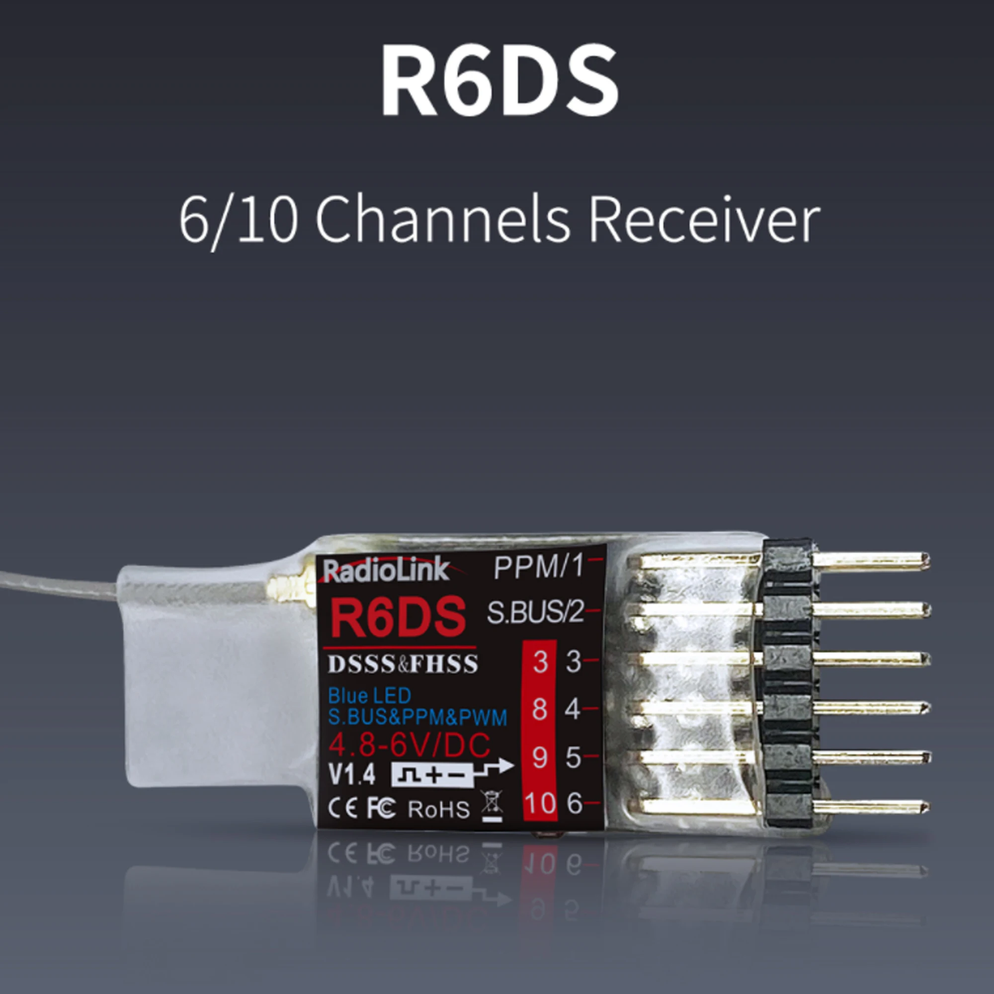 Récepteur Radiolink R6DS 2.4G 6/10 canaux SBUS/PPM/PWM compatible AT9 AT9S AT10, étiquette produit et détails techniques.