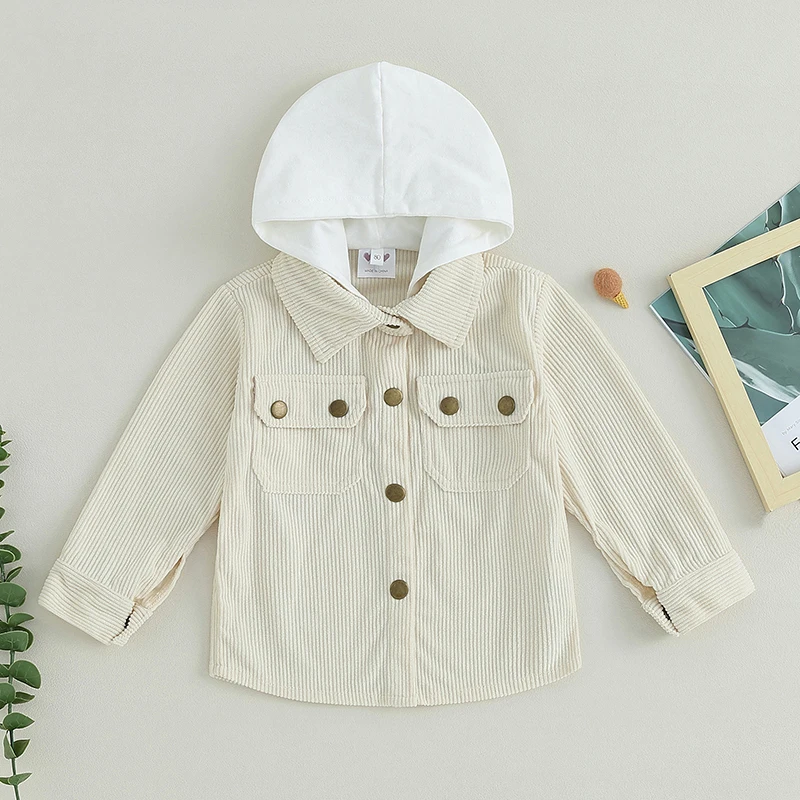 

Вельветовое пальто с капюшоном для маленьких мальчиков, зимняя куртка контрастных цветов с длинным рукавом и пуговицами на застежке, верхняя одежда