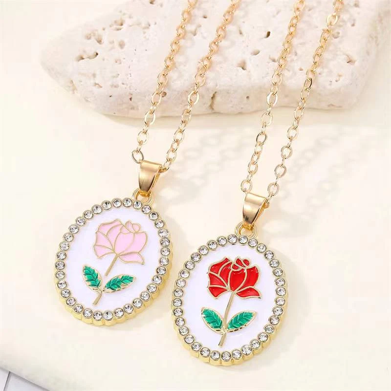  Fashion Ladies Stainless Steel Retro Simple Oval Rose Drop Oil Crystal Necklace Pendant Jewelry Birthday Party Party Gift Jewelr 