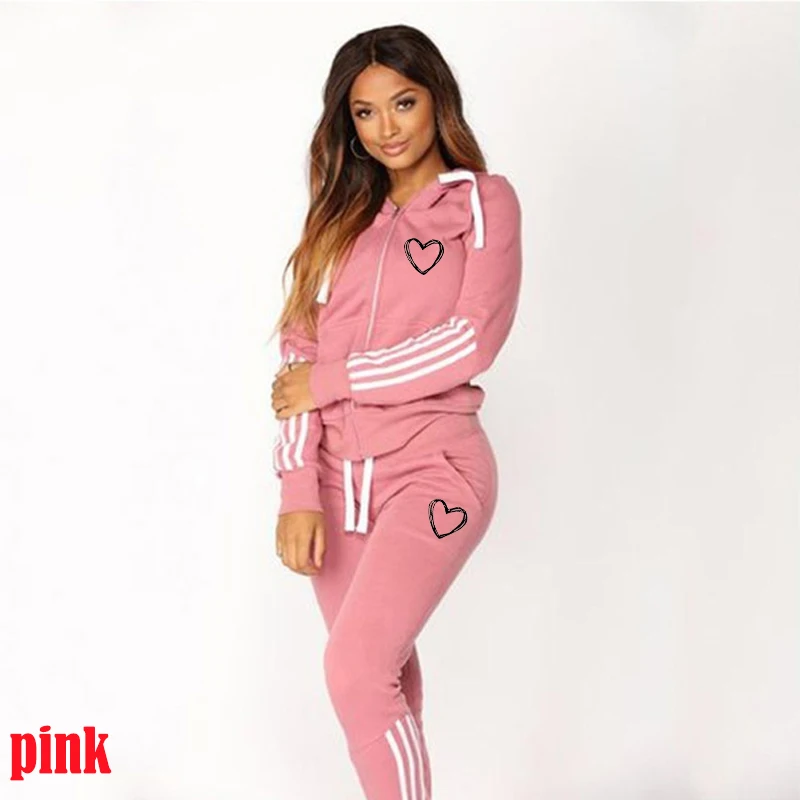 Women Fashion Heart Casual Tracksuits Long Sleeve Zipper Hoodies and Trousers Sport Suits Hoodies Slim Jogging Suits
