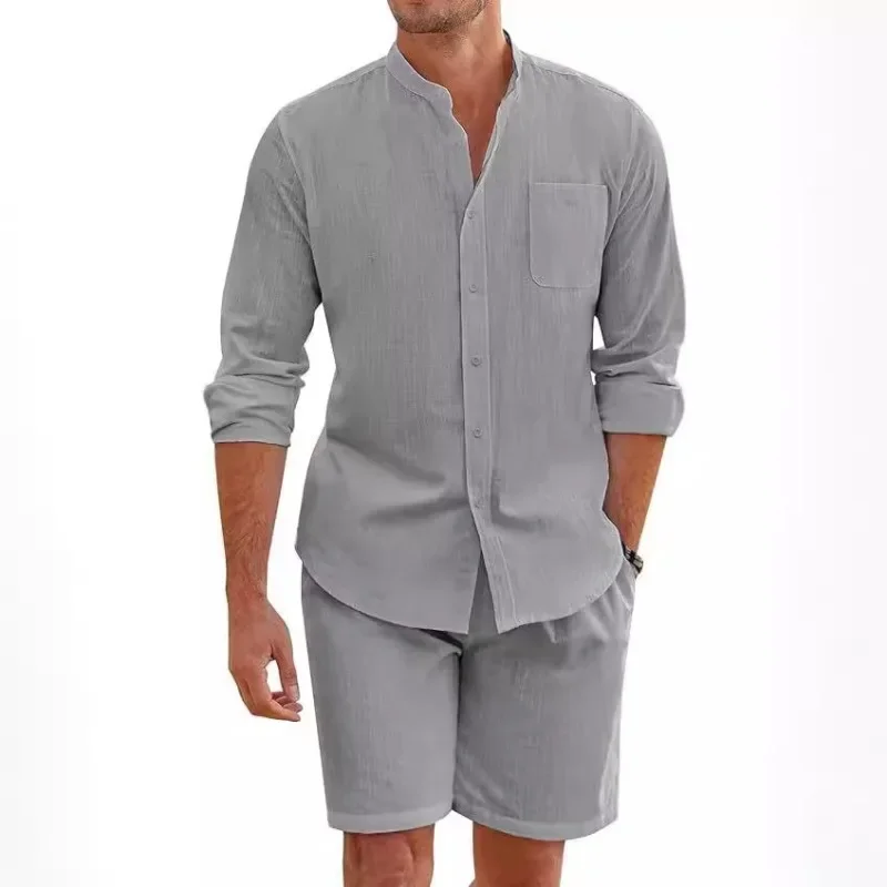 2024 Men's Two-piece Sets Cotton and Linen Comfortable Button Shirt Long Sleeve Shorts Cardigan Simple Casual Beachwear 4