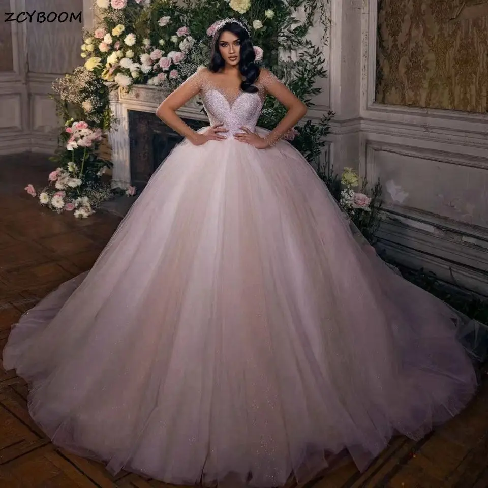 

Luxurious Scoop Neck Ball Gown Illusion Full Sleeves Wedding Dresses 2023 Princess Crystal Beaded Bridal Gowns Vestidos De Novia