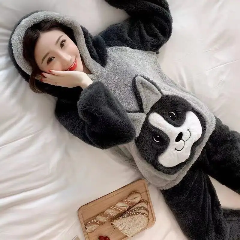 Coral Velvet Autumn Winter Sleepwear Thickened Plus Size Women's Pajamas Home Wear Student Cartoon Hooded Flannel Pijama Set winter pajamas women coral velvet thickened plus velvet cute cartoon home service long night gown plus size suit winter