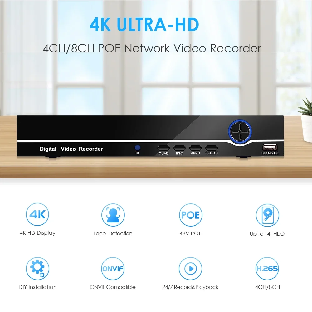

4K 8CH POE NVR Support for Face Detection 8MP Network Video Recorder H.265 Onvif 24/7 Recording IP Camera P2P XMEye Application