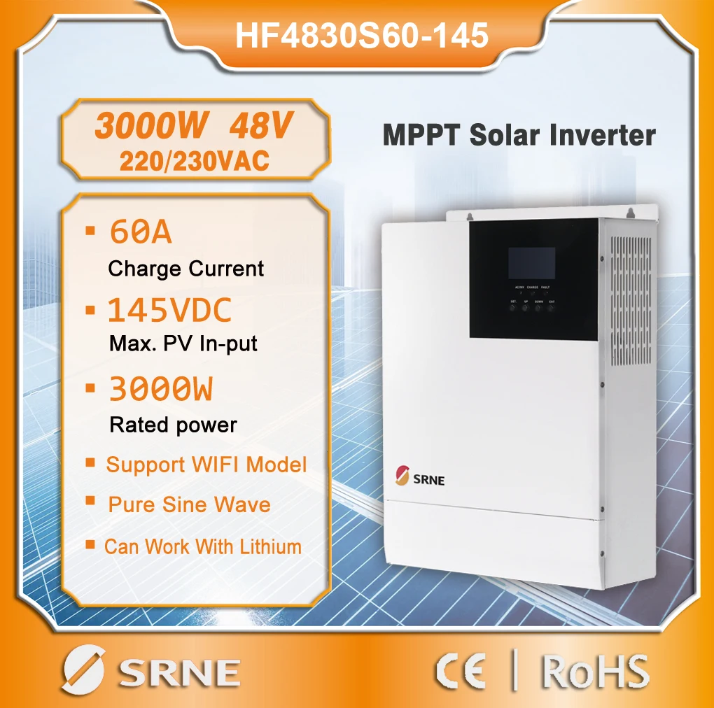 

SRNE 3000W 48V 220V/230VAC Off-Grid Solar Hybrid Inverter 145VDC Built-in MPPT 60A Solar Charge Controller with WiFi Module