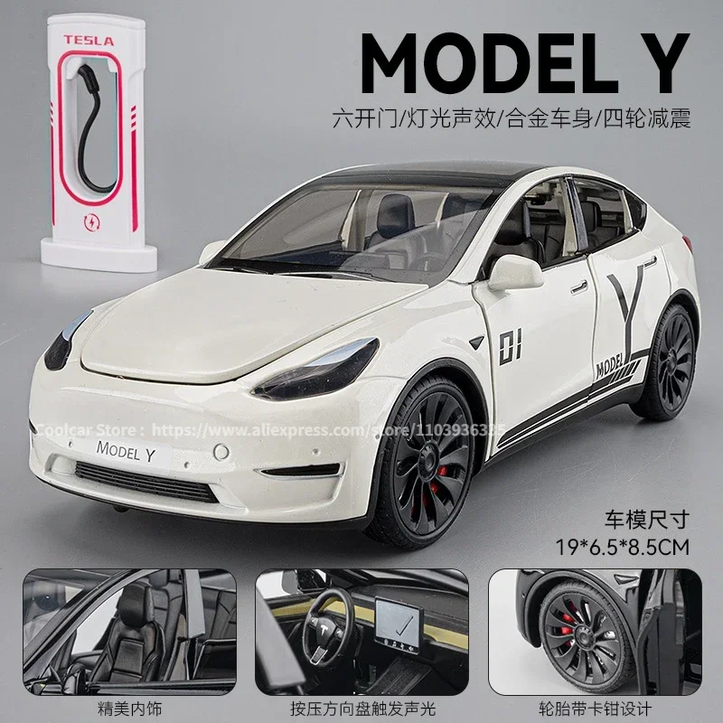 All 1:24 TESLA MODEL Y Model 3 With Charging Pile Alloy Diecast Metal Toy Car Model Sound and Light Childrens Collectibles Gift 6
