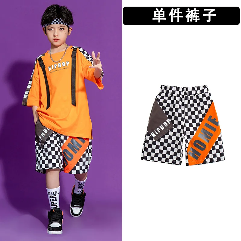 thumbnail image 1 of Traje de baile de hip hop naranja para niños, disfraces de actuación en el escenario para niños, ropa de actuación en equipo con costuras contrastantes para niñas, 1 of 5