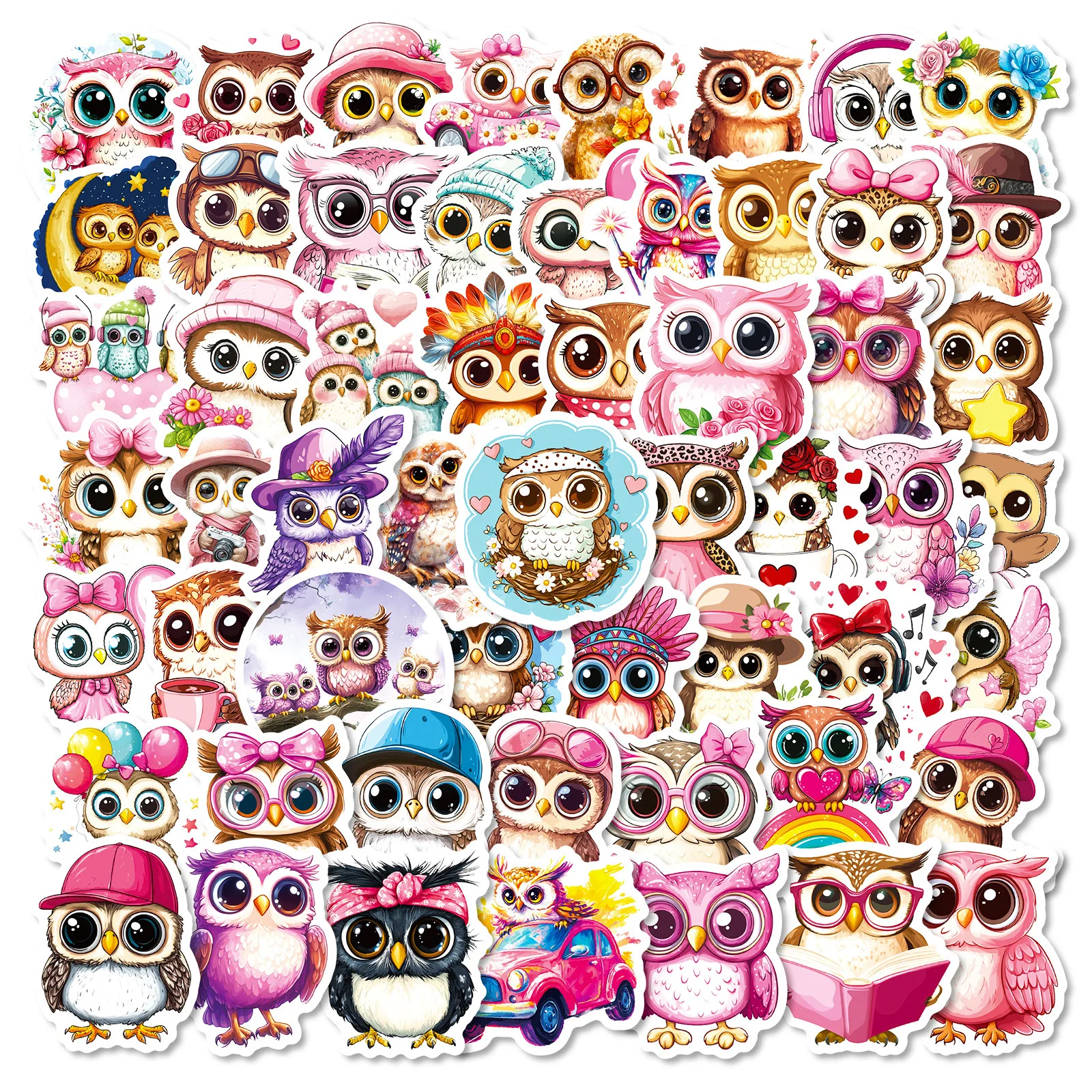 Pink Big Eye Owl Cute Doodle Stickers Set - Pack of 56/112 for DIY Crafting and Decoration