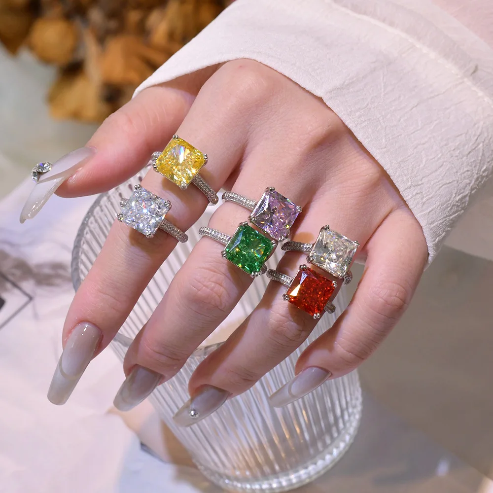 

S925 Silver Square Rings Women 10mm Ice Flower Diamond Ring Female 8A Zircon Original Design Luxury Jewelry Girl Gift Banquet