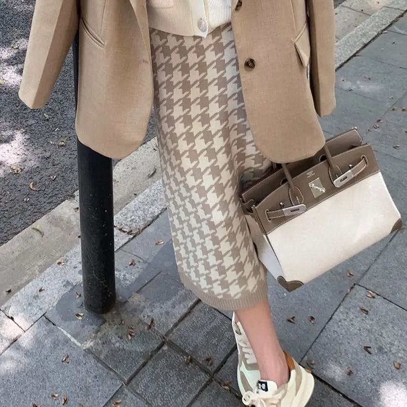

Houndstooth Plaid Midi Skirts High Waist Women Elegant Knitted Wrap Skirt Slim Vintage Korean Autumn Winter Split Skirts O369